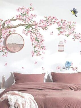 Flower Bird Wall Stickers Pink Removable Waterproof Vinyl Decals Kids Room